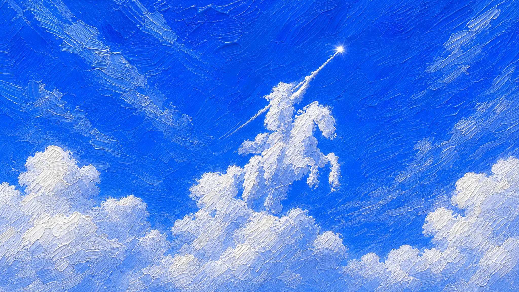 White cloud horse and rider reaching toward a star in a cobalt impasto sky