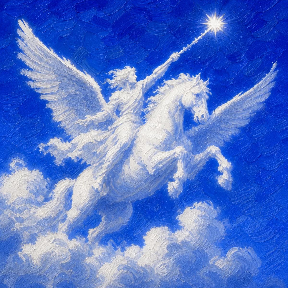 A rider on a winged white Pegasus raising a staff toward a bright star