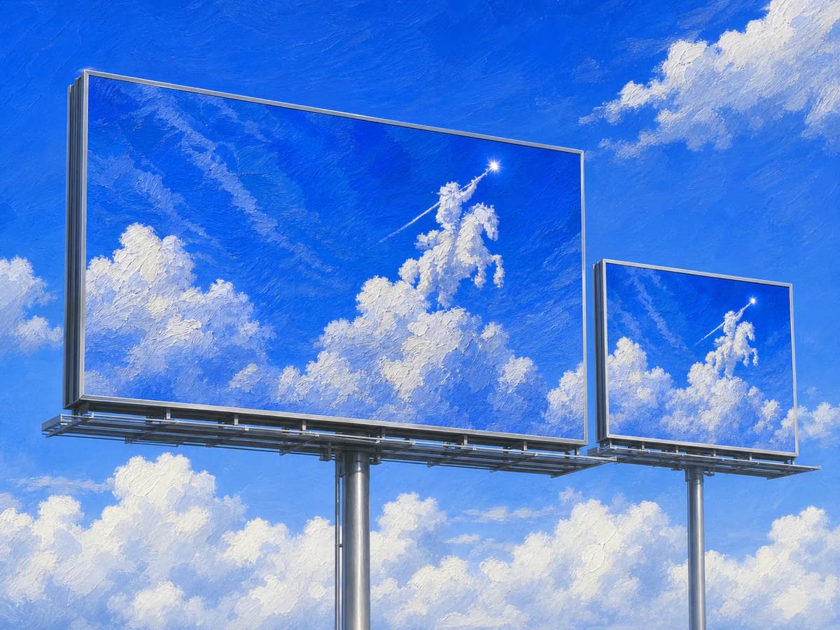 Two campaign billboards displaying vivid blue cloud artwork