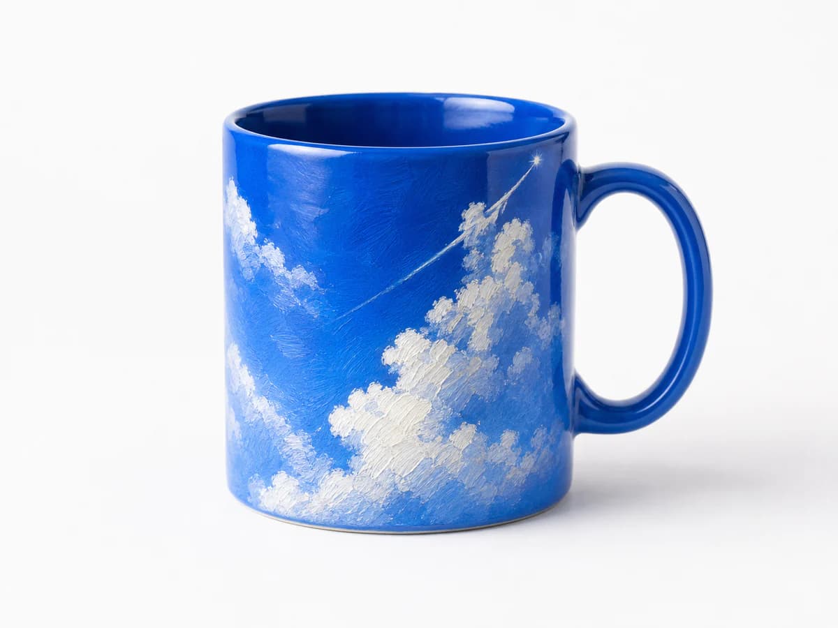 Blue ceramic mug printed with white cloud artwork
